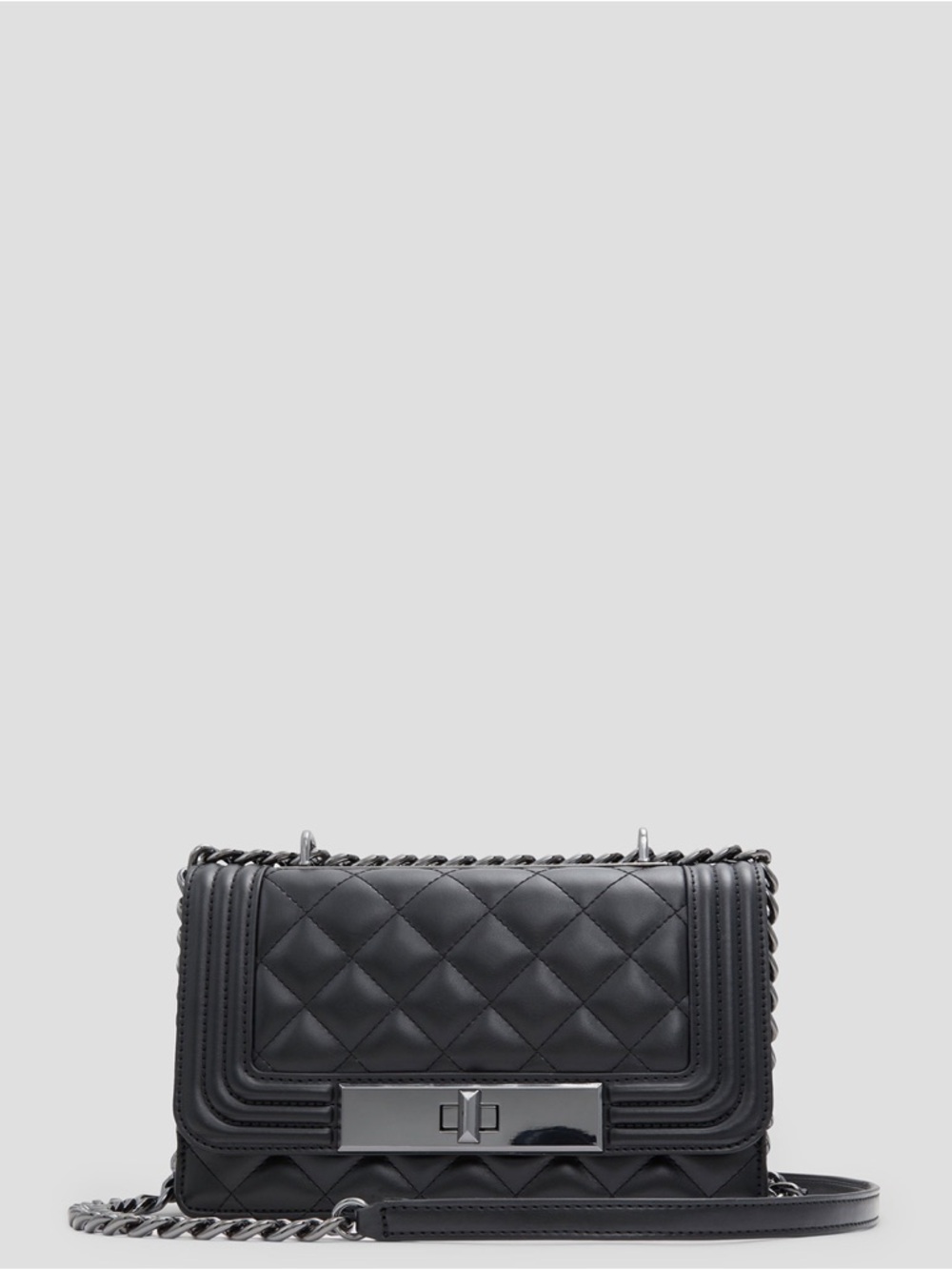 ALDO Black Quilted Crossbody Bag Gunmetal Chain Turn Lock Faux Leather